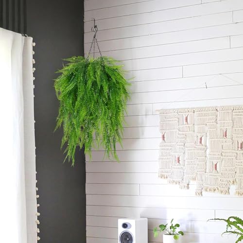 Artificial Hanging Ferns for Outdoors UV Resistant Fake Hanging Ferns with Hanging Baskets 2 Set Boston Ferns Artificial Plants 23.6" Faux Ferns Outdoor Hanging Basket Front Porch Patio Garden Home