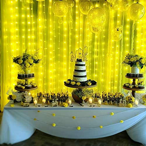 Yellow Tulle Backdrop Curtains with Lights String for Birthday Party Photoshoot 10ft × 8ft Sheer Backdrop Curtains for Baby Shower Wedding Background Decorations 2 Panels 5×8ft - color: Yellow, size: 10 ft X 8 ft(2 Panels 5ft X 8ft)