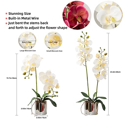 Artificial Orchid Flowers White Faux Orchids with Ceramic Vase Vivid Fake Phalaenopsis Flower Arrangement Gorgeous Artificial Plants for Office Desk Wedding Party Exhibition Center & Home Table Decor - color: White-silver