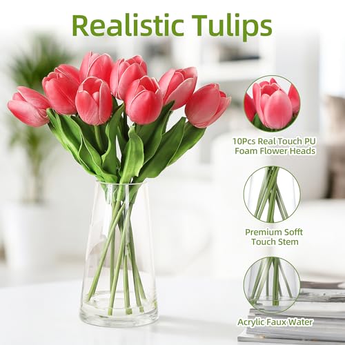 10 Pcs Artificial Tulips with Glass Vase, Real Touch PU Fake Tulip Stems for Easter, Spring, Wedding Bouquet, Home Centerpiece Floral Arrangement, and Table Décor (Magenta Red) - color: Magenta Red, size: Tulip, with Glass Vase