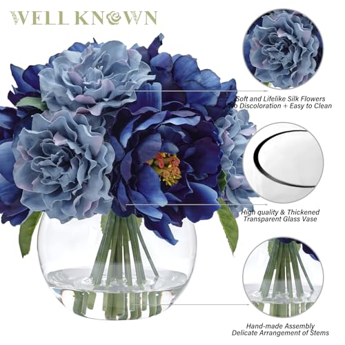 WELL KNOWN Artificial Blue Peonies Flowers in Vase with Faux Water, Silk Fake Flower Arrangements for Spring Home Dining Coffee Table Decor Wedding Party Centerpieces & Mom's Birthday Gift - color: Blue