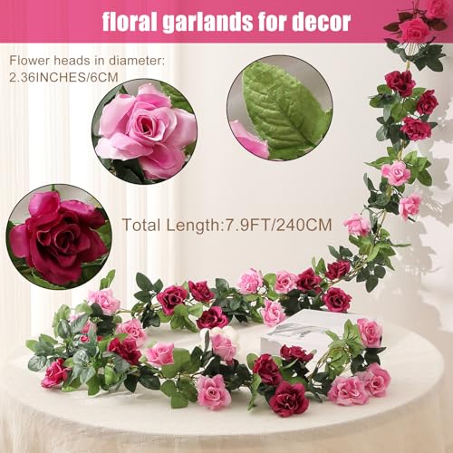 JUSTOYOU 2 Pack (15.8FT) Fake Rose Garland, Artificial Rose Vines Flowers Hanging Silk Rose Vine Wedding Home Backdrop Party Arch Arrangement Decoration - color: Fuchsia