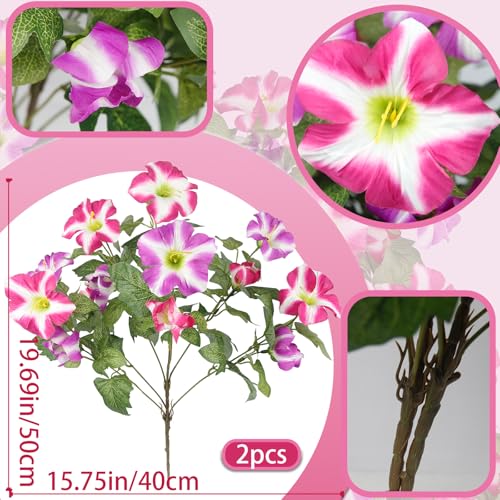 2 Pcs Artificial Flowers for Outdoors Fake Plants Outside Spring Summer Decoration Realistic Silk Morning Glory UV Resistant Faux Flowers for Planter Patio Yard Garden Porch Fuchsia Rose Red - color: Fuchsia, Rose Red