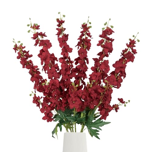 6Pcs Red Delphinium Artificial Flowers 37.4’’ Faux Silk Larkspur Flowers Long Stem Artificial Flowers for Tall Vase Table Home Wedding Party Garden Decor(Red) - color: Red
