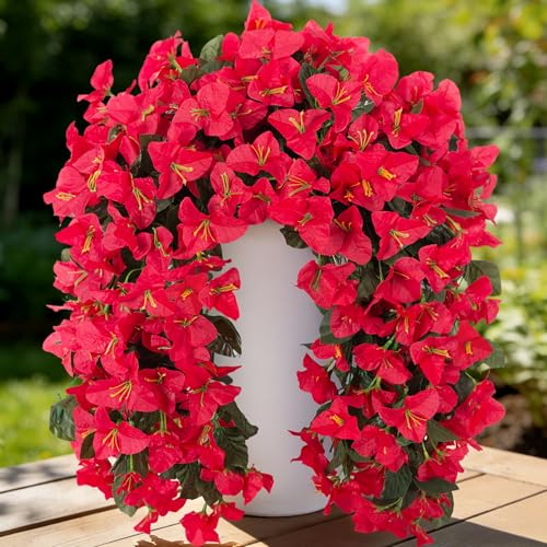 Fake Bougainvillea Artificial Flowers for Outdoors Decoration 2 pcs Faux Hanging Flowers Plants for Outdoor Planters UV Resistant Silk Bougainvillea Vines for Front Door Porch Urn Patio Garden - color: Red