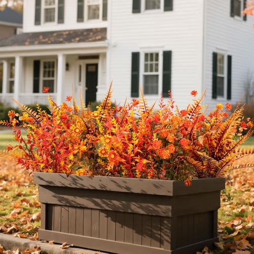 20 Bundles Artificial Fall Flowers for Outdoor Decoration, Fake Mums Faux Plastic Flowers Plants UV Resistant Boston Fern for Planters Window Box Porch Garden Patio Autumn Home Decor - color: Orange Red