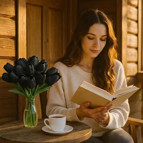 20 Pcs Tulips Artificial Flowers, 13.5'' Real Touch PU Fake Flowers Bouquet for Home Party, Spring Wedding Floral Arrangement, Valentine's, Easter and Mother's Day Decor (Black) - color: Black