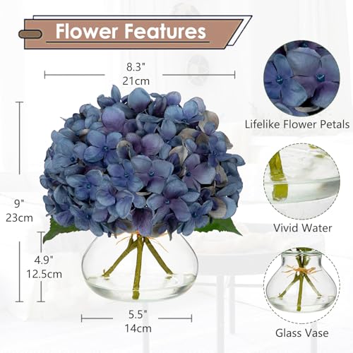 Hollyone Blue Hydrangea Fall Flowers Artificial for Decoration with Glass Vase Autumn Silk Faux Flower Arrangements with Fake Water Table Centerpiece Vase with Flowers Fall Decorations for Home - color: Hydrangea, Dark Blue