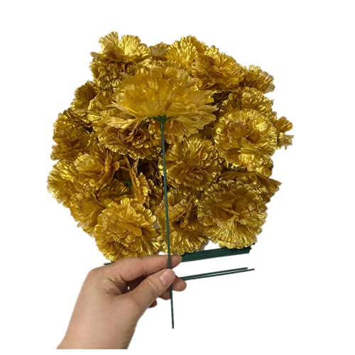 Rikyo 50 Artificial Silk Carnation Flower Head with Stems Set,Vase Fillers, Home Bridal Wedding Party Birthday Cake Ornaments,Handmade Wrist Corsage,3" Multiple Petals Heads with 8" Stems (Gold) - color: Gold