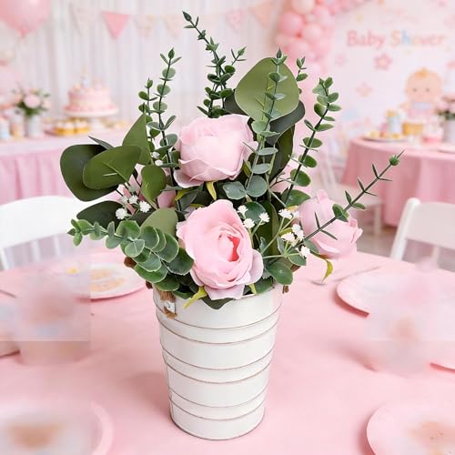 Artificial Flowers in Pot - 10 Inches Pre-Made Large Faux Silk Rose Floral Greenery Table Centerpieces with Rustic Tall Metal Vase for Farmhouse Home Decoration - Pink - color: Pink, size: 1 X Flowers Table Centerpiece
