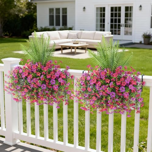 INQCMY Artificial Fake Hanging Flowers with Fake Fern for Outdoors UV Resistant Artificial Plants Spring Decor Look Real Faux Flowers for Outside Home Planter Porch Patio Decor - color: 3pcs Purple Rose,1pcs Fern