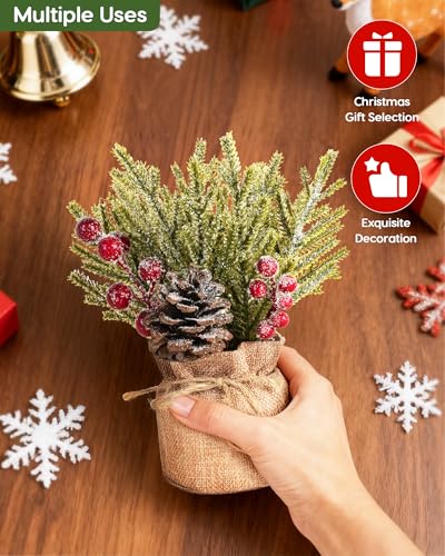 Velener Artificial Christmas Flowers for Outdoor-3 Pcs Faux Pine Branches with Red Berries & Pinecones, Fake Christmas Greenery Stems with Burlap Bag Vase, Winter Norfolk Pine Branches for Indoor - color: Green