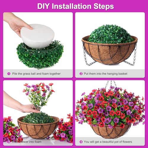 Artificial Silk Flowers Hanging Basket for Outdoor Indoor, Daisy with Eucalyptus Leaves Arrangement for Garden Yard Spring Summer Decor, Faux Green Plant in Metal Coconut Lining Pot(Red Purple) - color: Reddish Purple