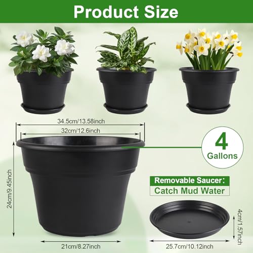 Myfeegoin 13-inch-Plant-Pots, 4 Pack Large Planters for Outdoor Plants, Plastic Flower Pots Indoor with Drainage Holes & Trays, Classic Garden Pot Container for House - color: Black, size: 13inch