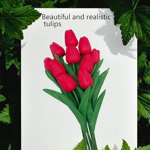 Red Flowers Fake Tulips Artificial Flowers, 13 Inch Real Touch PU Flowers for Decoration, 10 Pcs Tulip Flowers Bouquet for Vase, Mother's Day Easter Valentines Gifts - color: Red