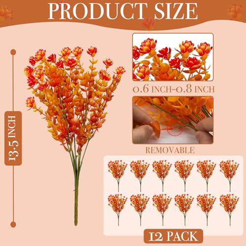 12 Bundles Artificial Fall Flowers for Outdoors Fall Thanksgiving Decorations, UV Resistant Fake Mums Faux Fall Plants Plastic Greenery Shrub Home Porch Gardens Autumn Decor(Brown Eucalyptus Flower) - color: Brown Eucalyptus Flower, size: 12 Bundles