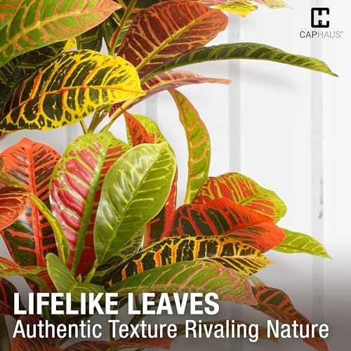 CAPHAUS 36 Inch Artificial Croton Tree Potted Plant - UV Resistant Faux Topiary Plant, Low Maintenance Realistic Indoor Outdoor Decor for Home, Office, Front Porch, Patio - size: 3ft