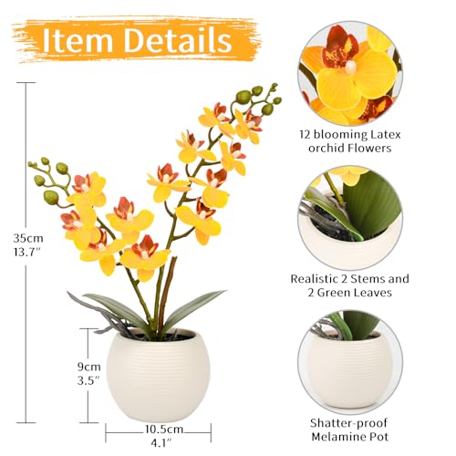 Artificial Orchid Yellow Flower Potted in White Pot, Real Touch Faux Phalaenopsis Orchid for Wedding Home Office Party Decor - color: Yellow