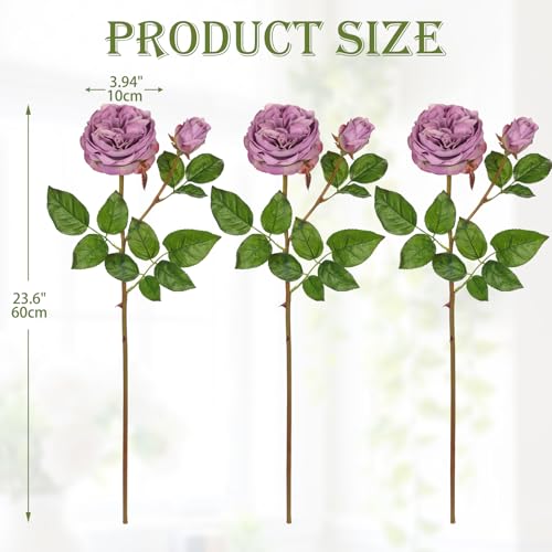 Real Touch Artificial Roses (Set of 3) – 23.6" Long Stem Purple Garden Roses – Lifelike Faux Silk Flowers for Wedding Bouquets, Home Décor, Centerpieces & Floral Arrangements - color: Soft Lavender, size: 3 PCS