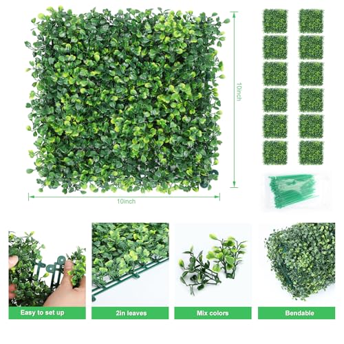 4-Layer Grass Wall Panels 24 Pack, 10”x10” Artificial Boxwood Panel Faux Grass Decor, UV-Resistant Green Plant Backdrop for Indoor Outdoor Use, Privacy Screen for Gardens, Yards, Parties, Weddings - size: 24Pack 10in x 10in