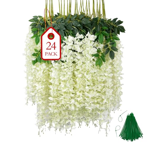 BIRDDIE 24Pcs of Artificial Wisteria Hanging Flowers, 3.75 Feet Fake Wisteria Flower Strings for Backdrop, Wedding, Ceremony,Garden and Home Wall Decoration (White) - color: White, size: 24 pcs
