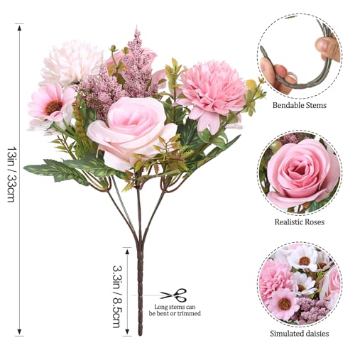 Dremisland Artificial Flowers Like Real Artificial Bouquet 2 Packs Silk Artificial Roses Bouquet with Daisy Chrysanthemum Pink Flowers for Valentines Day Centerpiece Table Wedding Party Decor - color: Pink, size: 2PCS
