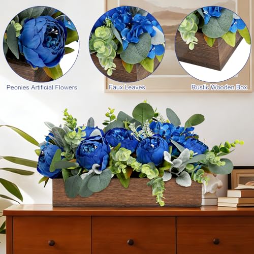 Royal Blue Flower Centerpieces for Table, Pre-Made Artificial Peony Hydrangea Centerpieces for Dining Table Wood Flowers Centerpieces for Wedding Graduation Living Room Party Bar Kitchen Table - color: Royal Blue