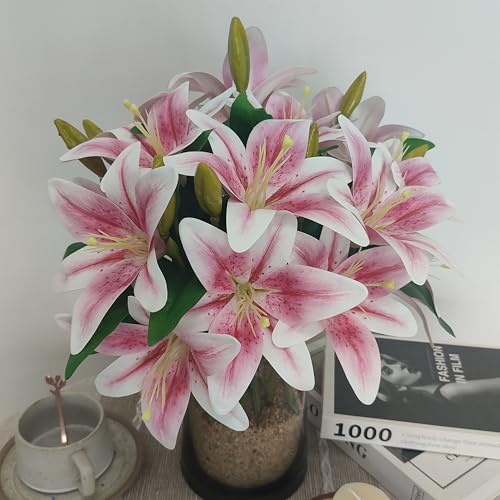 ATFL Artificial Lilies Flowers,9 Pcs Faux Lily Flowers,16''Tiger Lily Branches with 2 Full Blooms and 1 Bud,Faux Fake Lilies Plants for Wedding Bouquet Floral Arrangements (9, Light Pink) - color: Light Pink