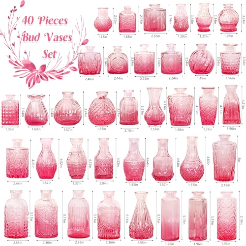 Set of 40 Glass Bud Vases, Small Pink Glass Vases in Bulk, Mini Vintage Embossed Flower Vase for Wedding, Centerpieces, Birthday Party, Baby Shower, Home Table Decorations (Pink) - color: Pink