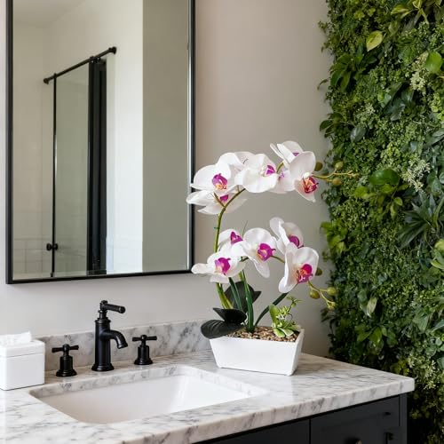 White Orchids Artificial Flowers Fake Orchid in Pot Phalaenopsis Flower Large Faux Orchid Plant Real Looking Fake Flowers Table Decor for Living Room Centerpieces Indoor Bathroom Plants - color: White