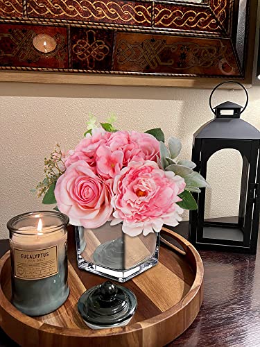 GnFlus Artificial Flowers in Vase Fake Silk Hydrangea Rose Flower Arrangement Faux Potted Flowers for Indoor Home Bathroom Office Table Shelf Decor, Pink - color: Pink, size: 3-in-1
