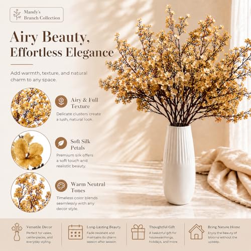 Mandy's 6 Bundles Artificial Gold Baby’s Breath Flowers | 18.5 Inch Silk Gypsophila European Style Modern Home Decor Centerpiece Neutral Wedding Flower Arrangements - color: Gold