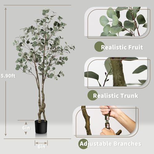 Faux Eucalyptus Tree 6ft(72in) Tall Artificial Plant Indoor Decor Handmade Natural Fake Eucalyptus Tree for Wedding Realistic Lifelike Leaves in Pot for Home Living Room,Office,Outdoor Decor. - color: Eucalyptus Tree(1), size: 7ft