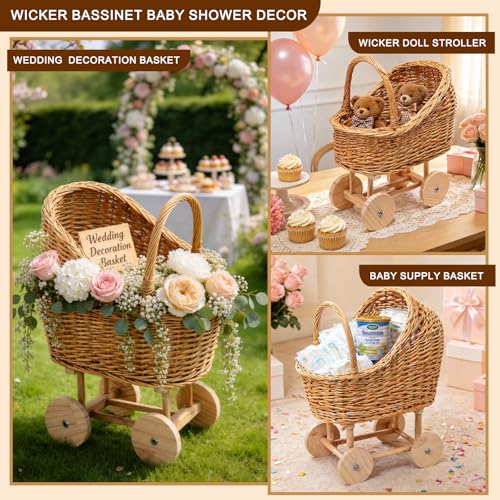 Vintage Wicker Baby Carriage Decor，Woven Rattan Stroller Flower Basket Cart for Wedding Centerpieces, Baby Shower Party Supplies & Nursery Floral Arrangement Props Floral Rustic Home Decor - color: Medium-1