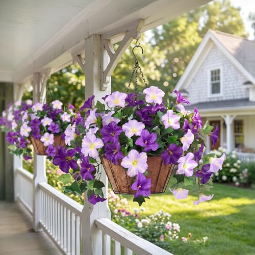 3PCS Hanging Artificial Flowers with Basket, Morning Glory Patio Decorations Outdoor Fake Hanging Decoration, Look Real UV Resistant Artificial Flowers for Outdoor Porch Patio Balcony(Purple)