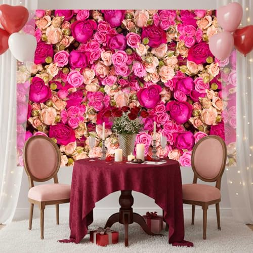 Ticuenicoa 10x7ft Pink Red Rose Flowers Photography Backdrop Valentine's Day Photo Background Baby Shower Wedding Birthday Decoration Bridal Shower Wedding Blossoms Roses Wall Art - size: 10x7ft