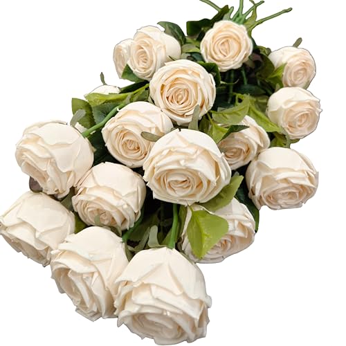 18pcs Artificial Roses, Realistic Fake Roses with Stems, Low Maintenance Real Touch Floral Decor for Home Wedding Table Centerpieces(18, White) - color: White