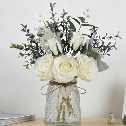 Fake Flowers with Vase Silk Rose Flowers in Vase Eucalyptus Flowers Arrangement Suitable for Home Office Decoration, Dining Table Centerpiece (Rose-White) - color: Rose-white