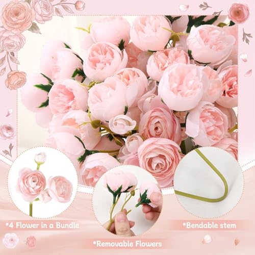 24 PCS Ranunculus Artificial Flowers, Faux Mini Ranunculus Bulk | Realistic Silk Ranunculus Bouquet for DIY Bouquets, Bridal Shower Decorations, Centerpieces, Arrangements, Pink - color: Pink