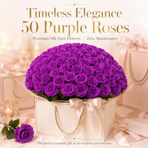 50 PCS Purple Roses Artificial Flowers, Fake Purple Roses, Purple Artificial Roses with Stems for DIY Wedding Flowers Decoration, Valentines Roses, Wedding Decoration - color: Purple, size: 50 Pcs