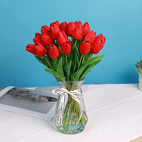 10Pcs Red Fake Tulips Realistic Artificial Flowers for Home Decor PU Faux Tulips Red Fake Flowers with Stem Real Touch Spring Bouquet for Wedding Party Decoration - color: Red