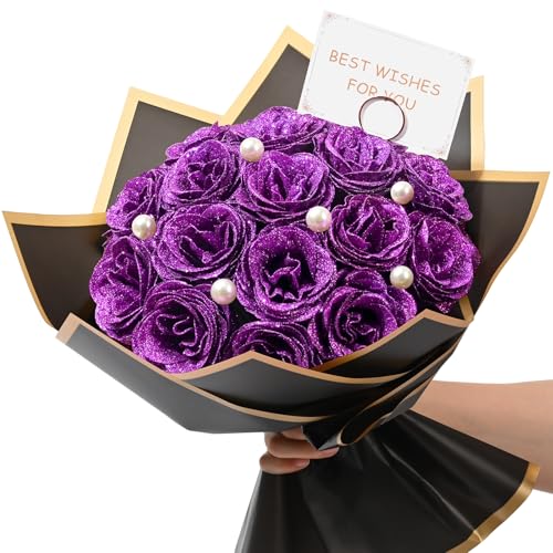 Waipfaru Glitter Roses Bouquet, DIY Fake Flowers Bouquet, Everlasting Shiny Artificial Rose Bouquet for Valentines, Anniversary, Engagement, Wedding, 24 Roses - color: Purple, size: 24pcs