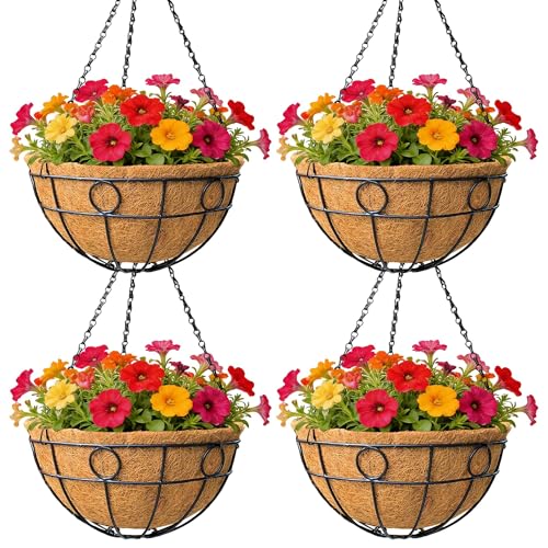 Classic Round Wire Hanging Basket 4 Packs 14 Inch Deep Coco Liner Water-Absorbing All-Weather Garden Deck Hanging Planter with Chain Flower Pot - size: 14 Inch, style: Circular