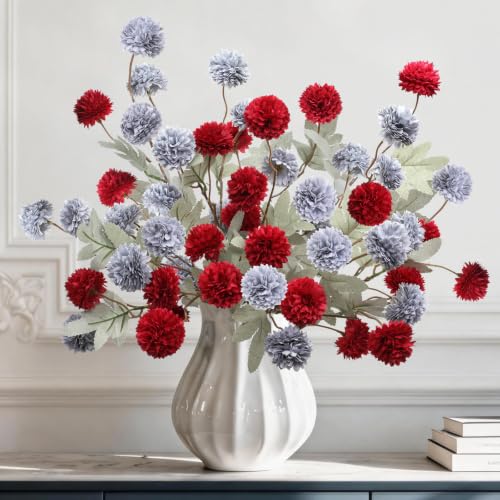 INQCMY Artificial Flowers 12 Pcs Fake Chrysanthemums Faux Kiku Flower Long Stem 20" Realistic Silk Pompon Mums for Vase Wedding Bouquets Centerpieces Home Decor (Red Haze Blue) - color: Red Haze Blue