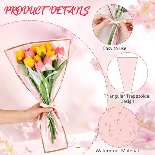 DIYASY 50 Pcs Flower Wrapping Bags for Bouquets, Pink Floral Packing Sleeves with Ribbons Florist Wrap Supplies for Wedding Mother's Day Graduation Gift - color: Pink