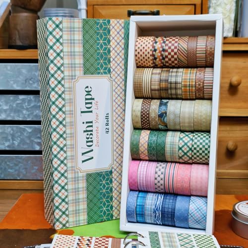 42 Rolls Vintage Stripe Washi Tape Set，Decorative Tape for Scrapbooking, Journaling, Bullet Journals, DIY Crafts, and Gift Wrapping - color: Green