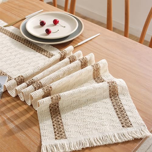 Niviy Boho Table Runner 60 Inches Long Centerpieces for Tables Decor Farmhouse Macrame Table Runner Cotton Linen Woven Table Runners for Fall Dining Table Home Decor, Beige & Brown - color: Beige & Brown, size: 12 x 60 Inches