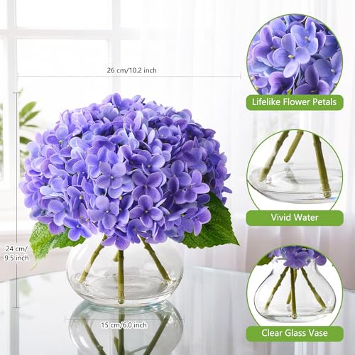 Real Touch Faux Hydrangea Flowers in Glass Vase, No Watering Needed Silk Hydrangea Artificial Flowers for Farmhouse Wedding Decor Dining Table Centerpiece Bedroom Decor (Purple) - color: Purple