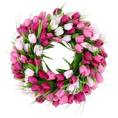 U'Artlines 20 Inch Tulip Wreath for Front Door, Spring Summer Silk Wreath with Green Leaves Artificial Tulip Flower Wreaths for All Seasons Window Wall Wedding Valentines Day Decor - color: Pink, size: 20 Inch