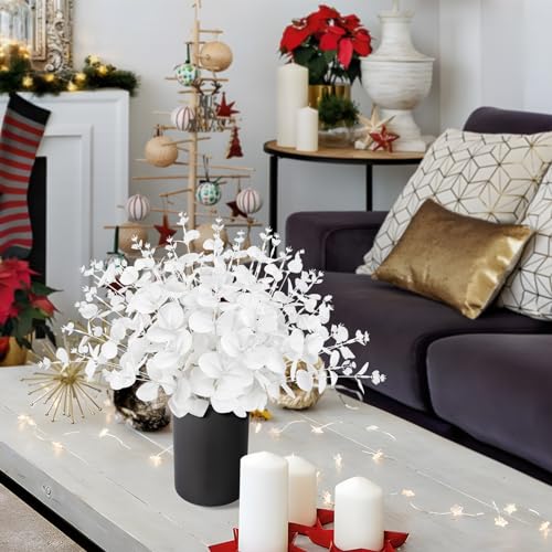 Yen Jean 14PCS White Eucalyptus Artificial Faux Flowers for Decoration - Fake Silk Stems in Vase Christmas Holiday Winter Wedding Home Decor - style: white